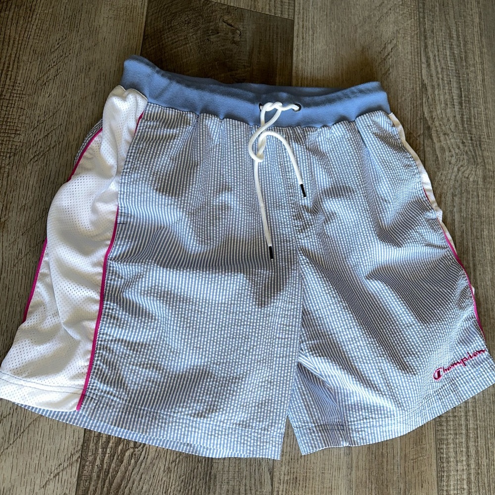 Vintage Champion white blue striped athletic tennis shorts mesh sides active XL